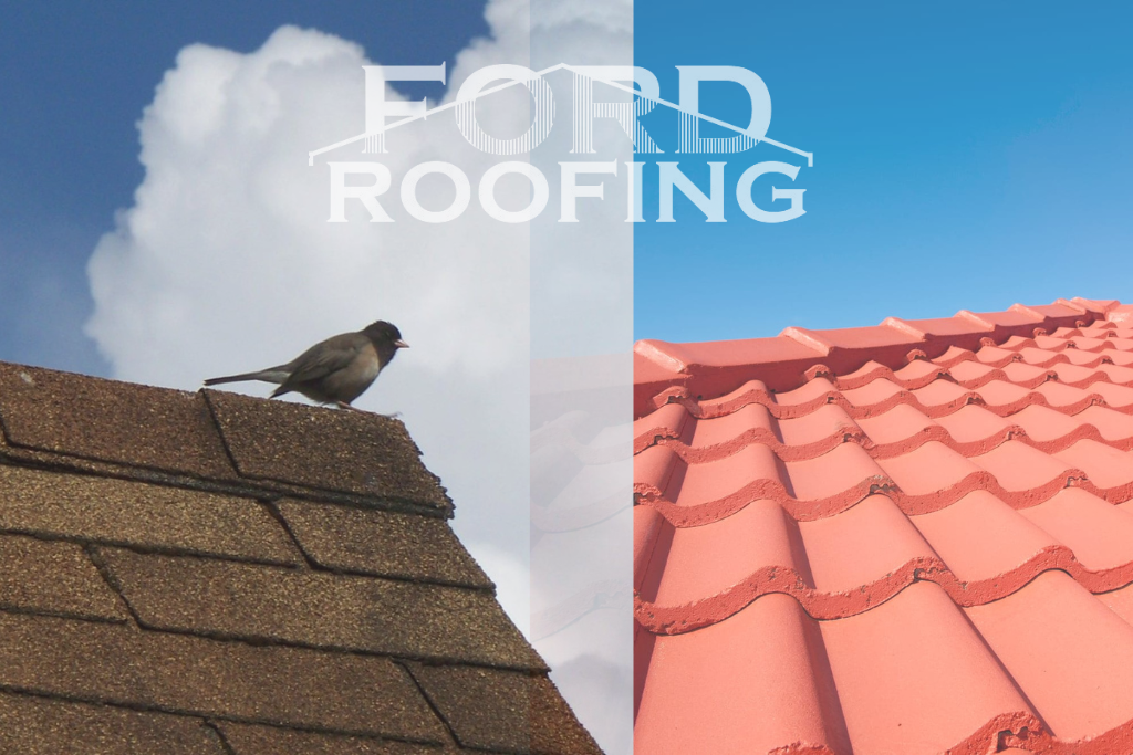 asphalt and tile roof side by side